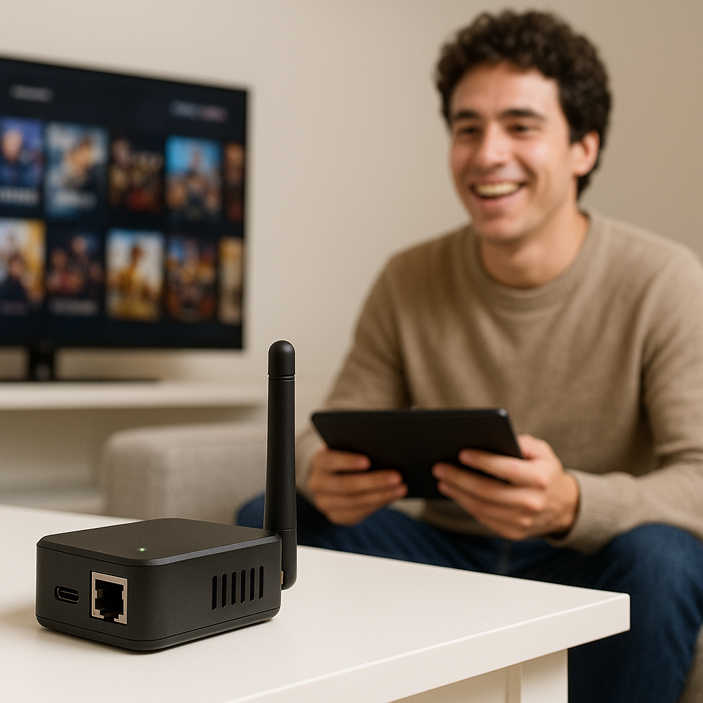 HomeLink device beside home router showing plug-and-play setup